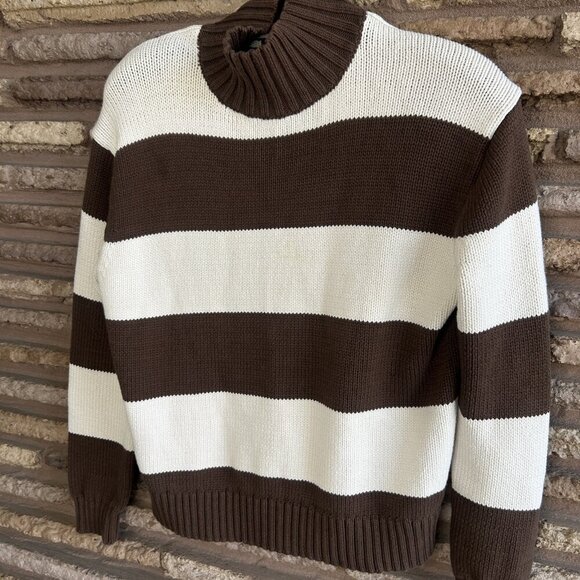 J. Crew Brown Rugby Stripe  Mockneck Sweater  Chunky Knit Size Small - Picture 4 of 5